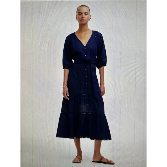 MADEWELL Tie-Waist Tiered Midi Dress Windowpane Navy Blue Button Up Size 8 - Picture 4 of 16